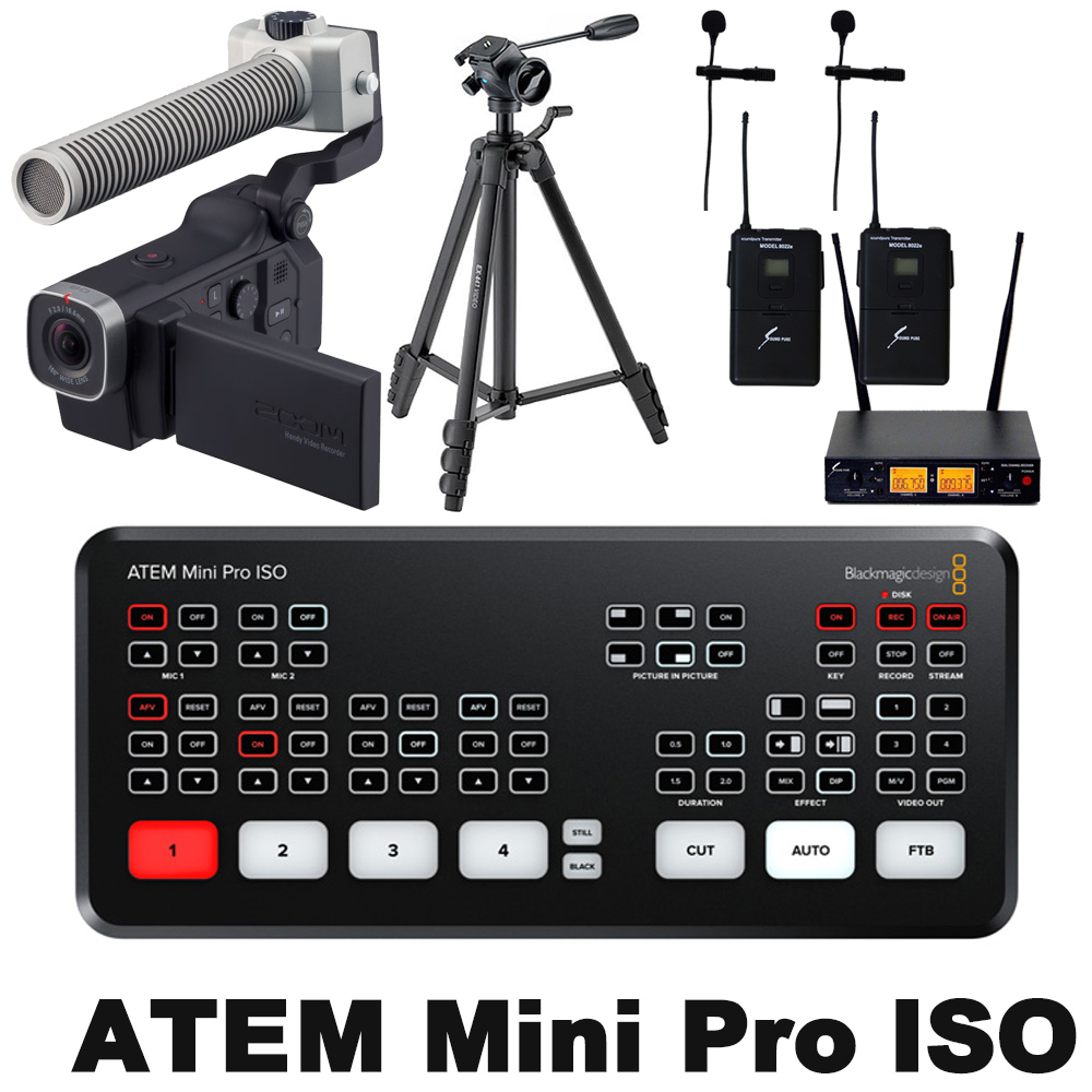 Blackmagic HDMI ビデオスイッチャー ATEMmini Pro ISO(音楽向きビデオカメラ＋ピンマイク2個セット)【福山楽器センター】