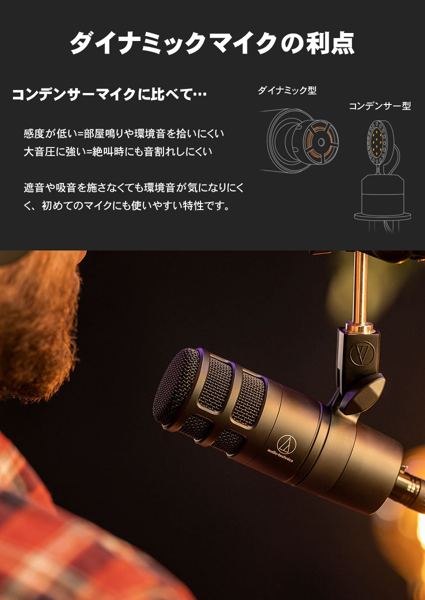 AT2040　配信用ダイナミックマイク　audio-technica　(長く伸びるデスクアームマイクスタンド)【福山楽器センター】